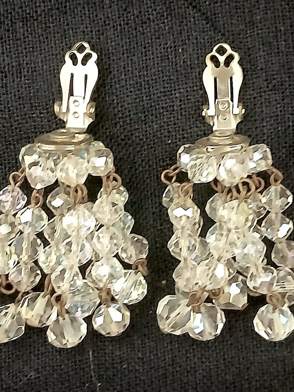 Vintage AB Crystal Cluster Clip-On Earrings 2" Chandelier Dangle Unsigned